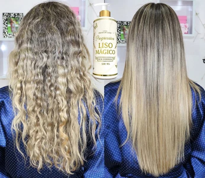 Resultado da Progressiva Liso Mágico - Cabelo loiro antes e depois
